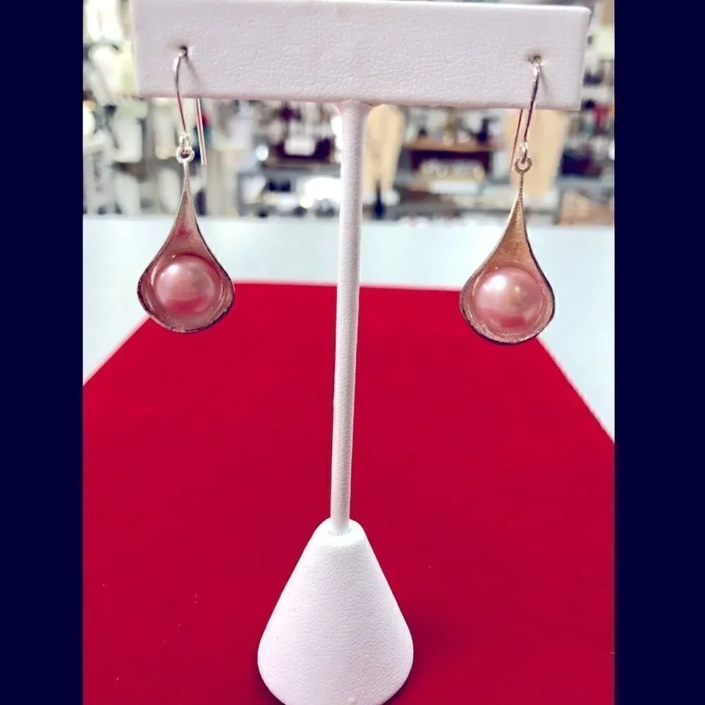 RCI Italy Pink Pearl Drop Earrings Sterling Silver 925